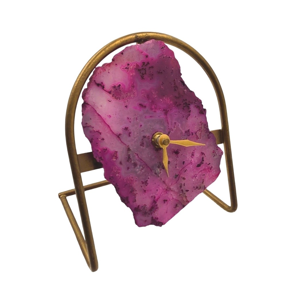 Pink Agate Slice Desk Clock Gold Metal Frame Quartz Geode Crystal Decor 6.5" O1